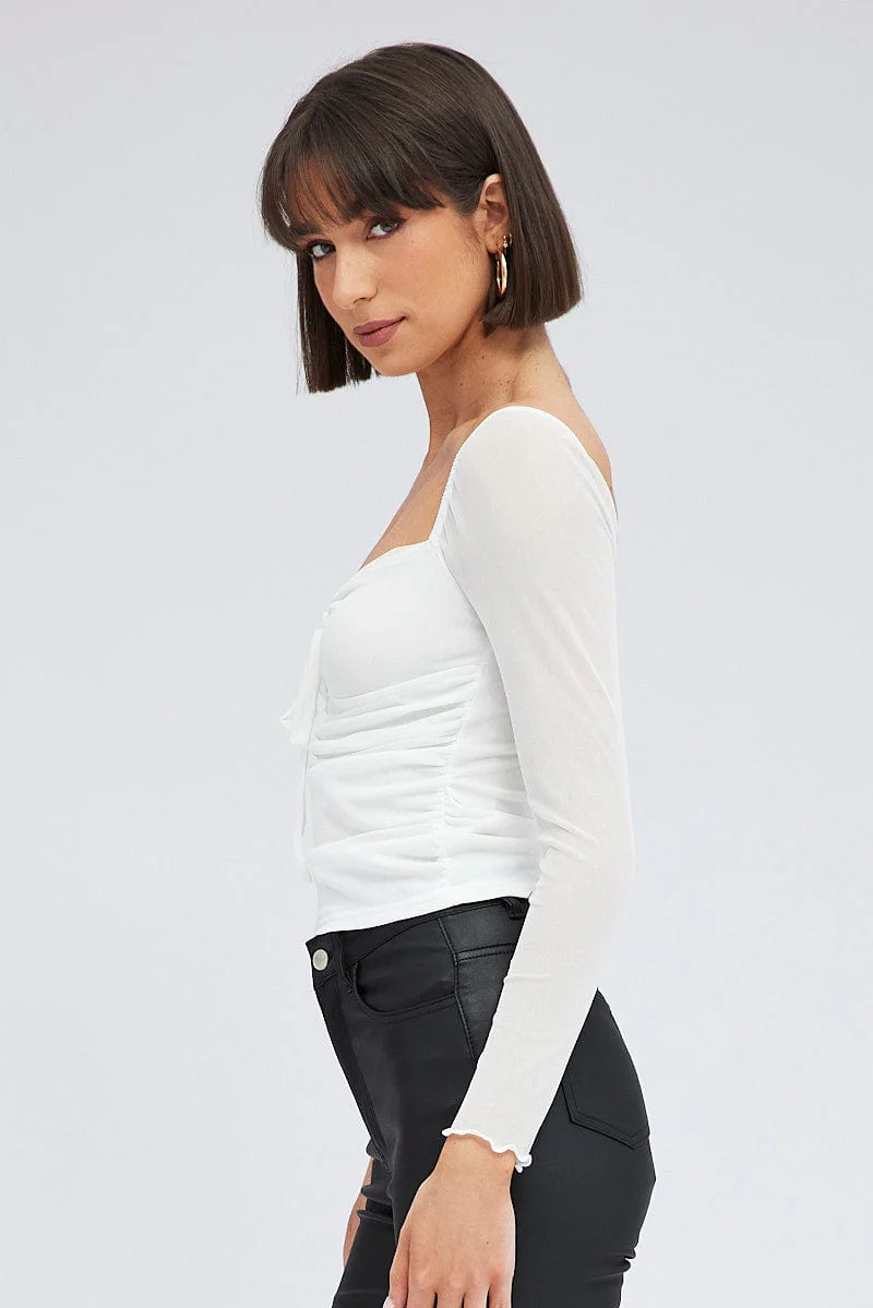 White Top Long Sleeve Sweetheart Keyhole Ruched Mesh