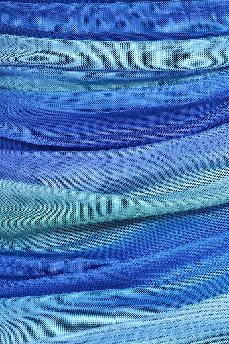 Blue Print Mini Dress Ruched Ombre Knot Detail Mesh