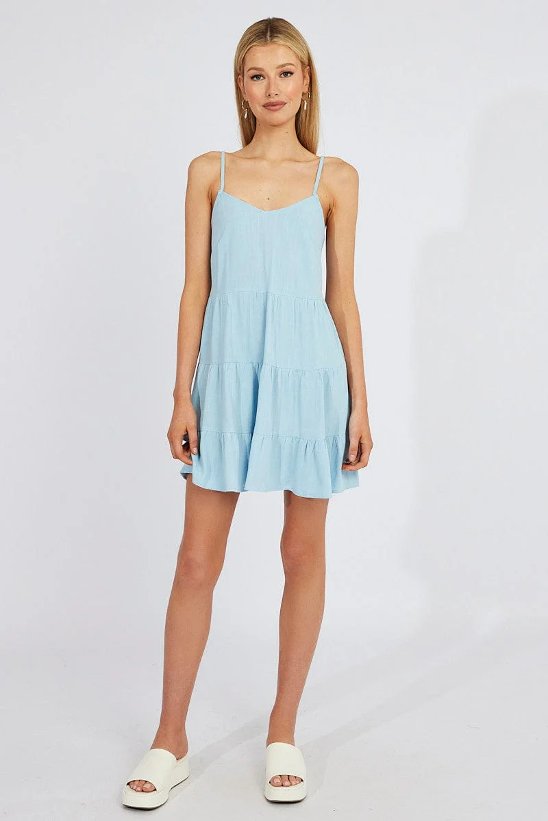 Blue Fit and Flare Dress Sleeveless Tiered