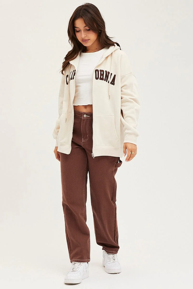 Beige Graphic Jacket Long Sleeve Oversized