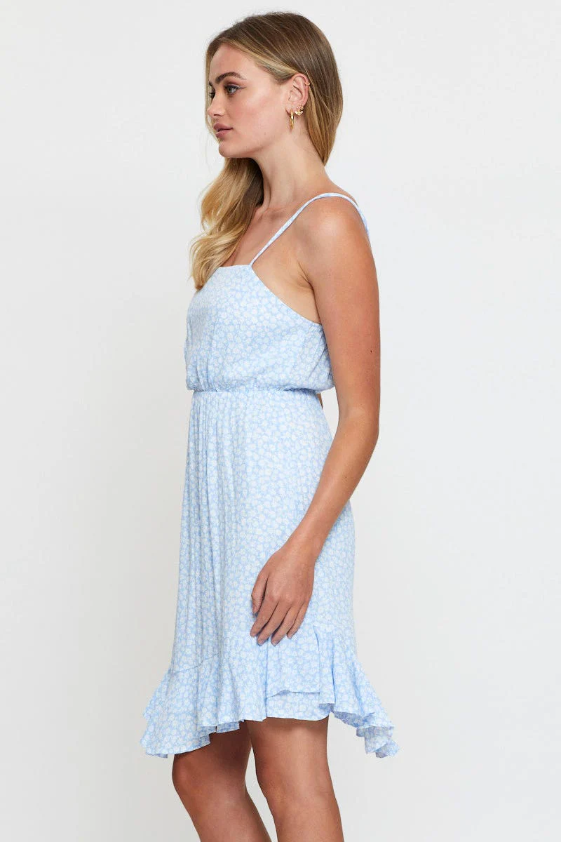 Print Mini Dress Sleeveless Square Neck