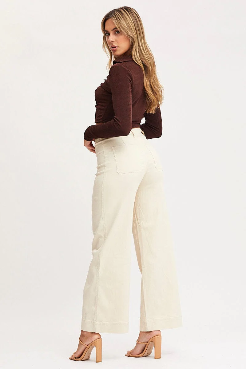 Beige Wide Leg Pants High Rise