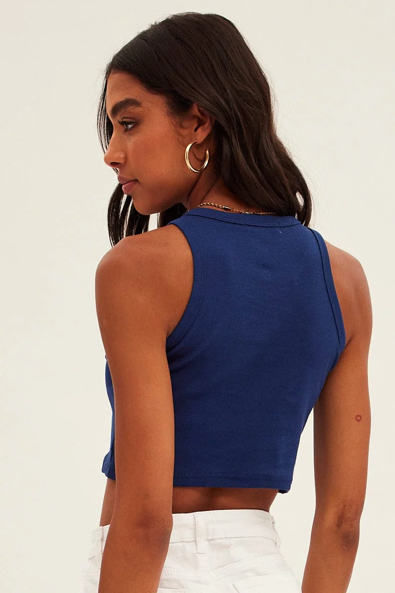 Blue Tank Top Sleeveless Round Neck New York Print Rib