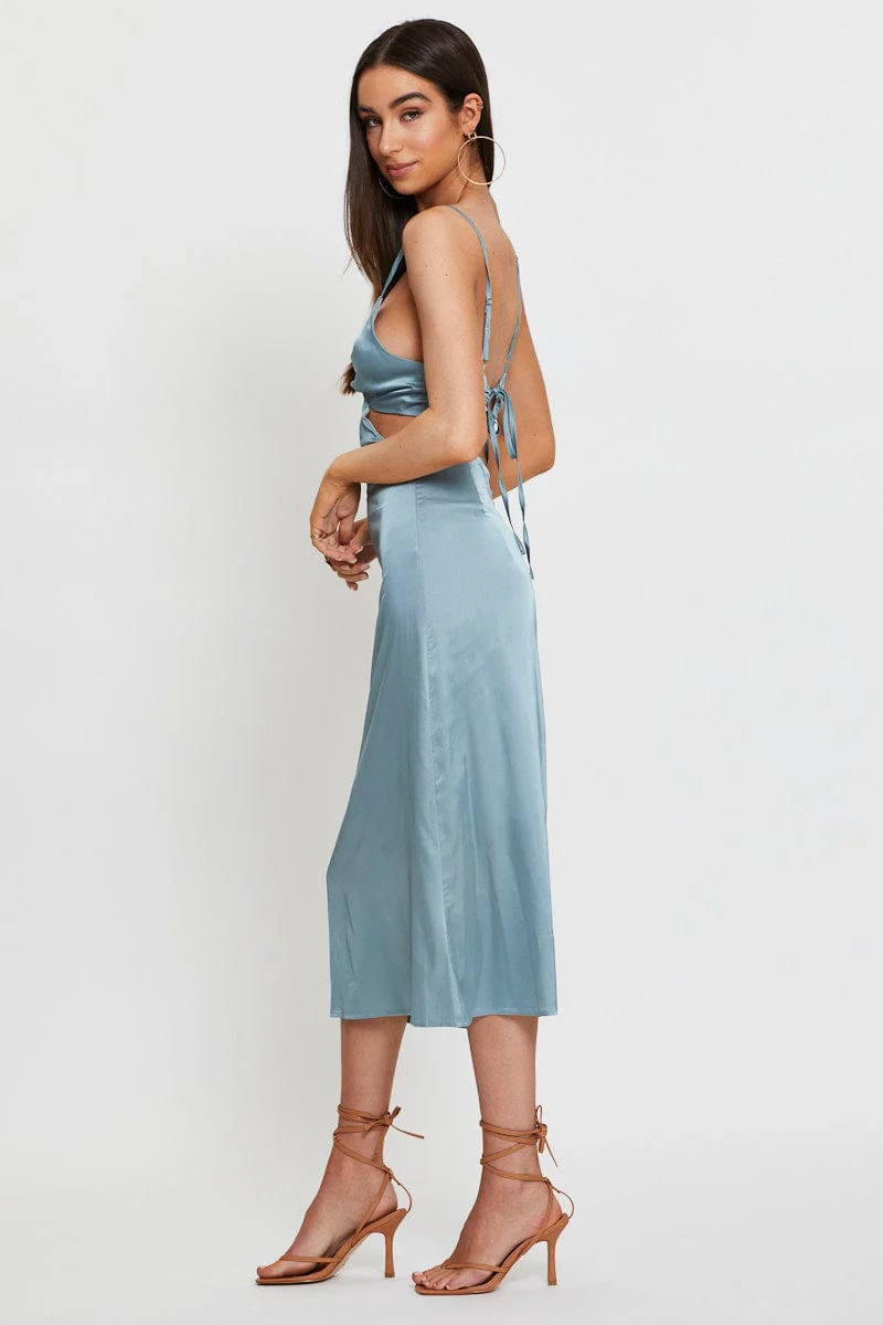 Blue Midi Dress Satin