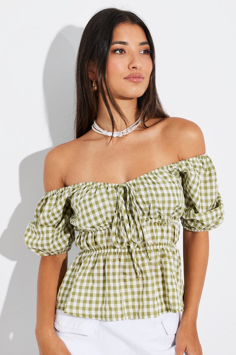 Green Check Ruched Peplum Top Short Sleeve