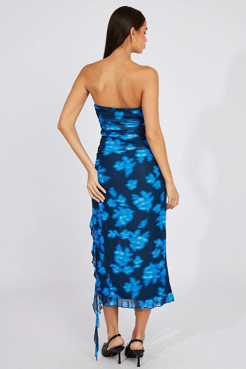 Black Floral Ruffle Dress Strapless Mesh