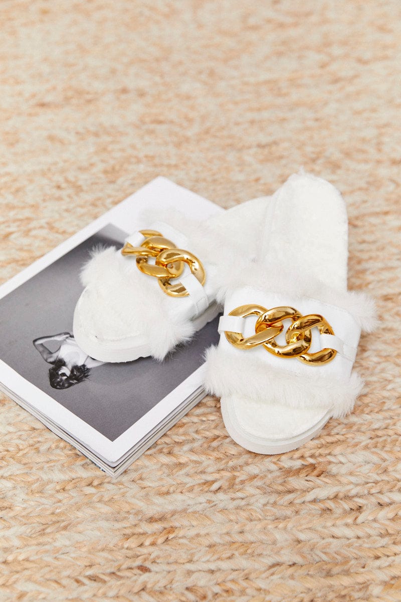 White Faux Fur Chain Slippers