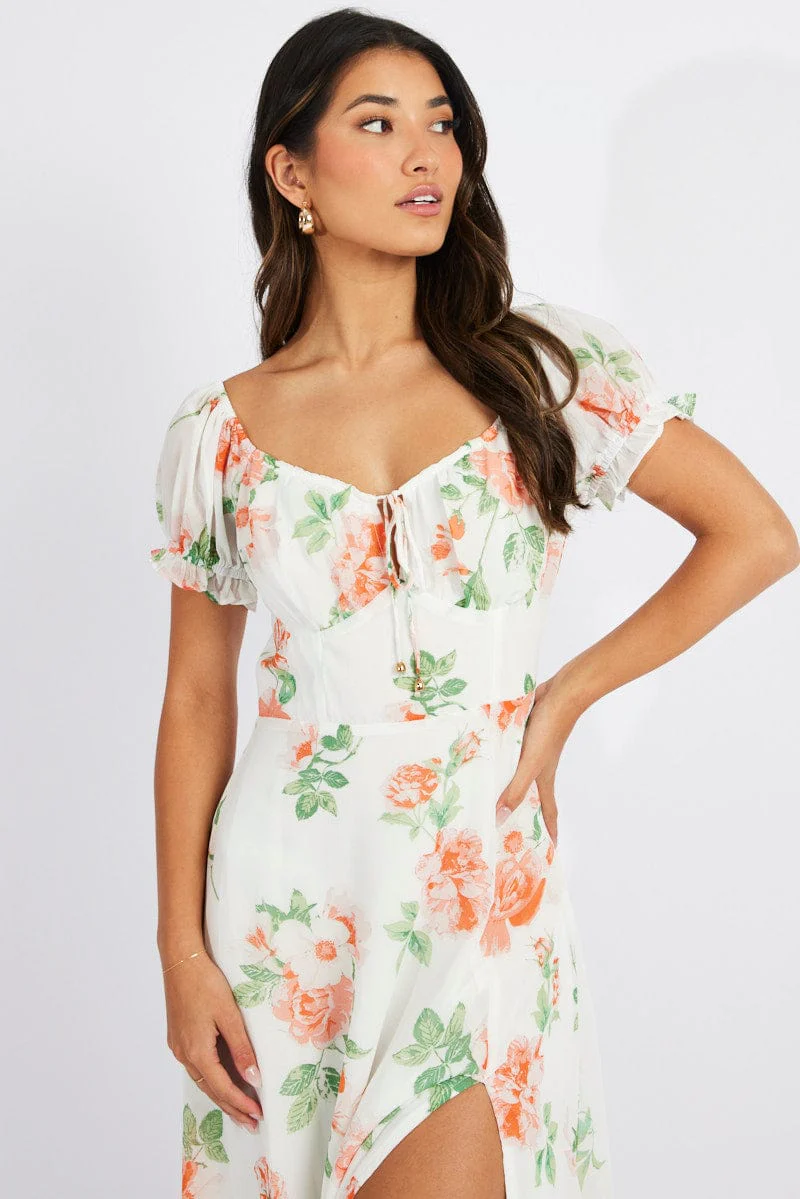 White Floral Maxi dress Puff Sleeve