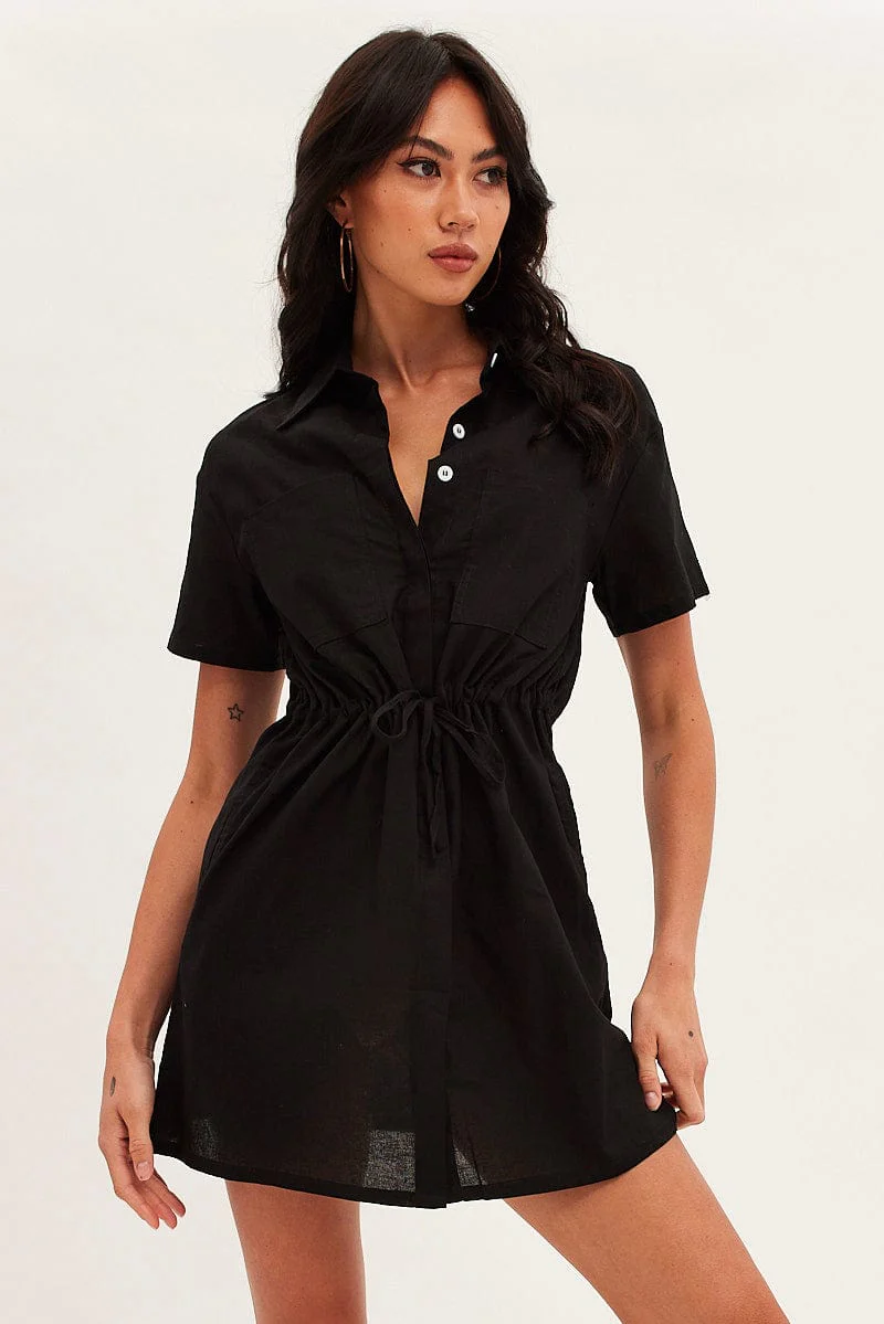 Black Shirt Dress Pocket Short Sleeve Button Front