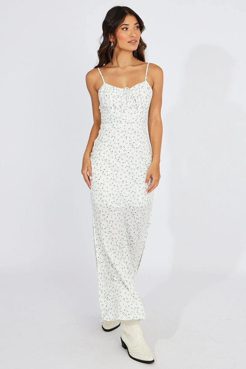 White Ditsy Midi Dress Gathering Bust Sleeveless