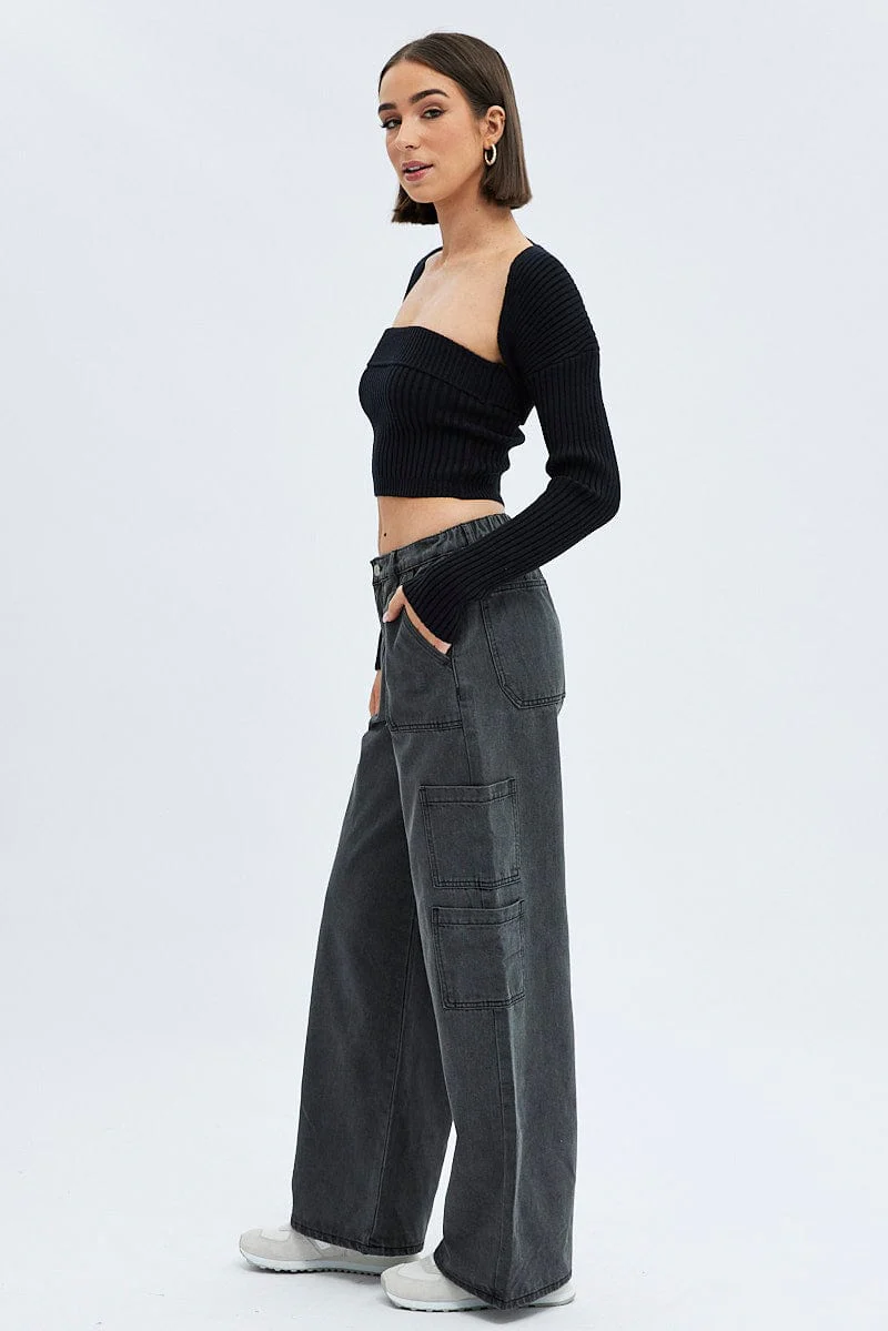 Black Cargo Jean Mid Rise