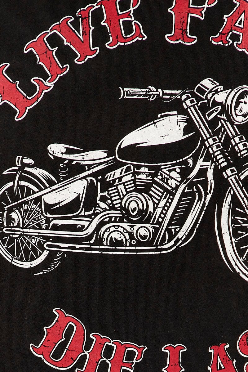 Black Crop T Shirt Short Sleeve Crew Neck Motorcycle