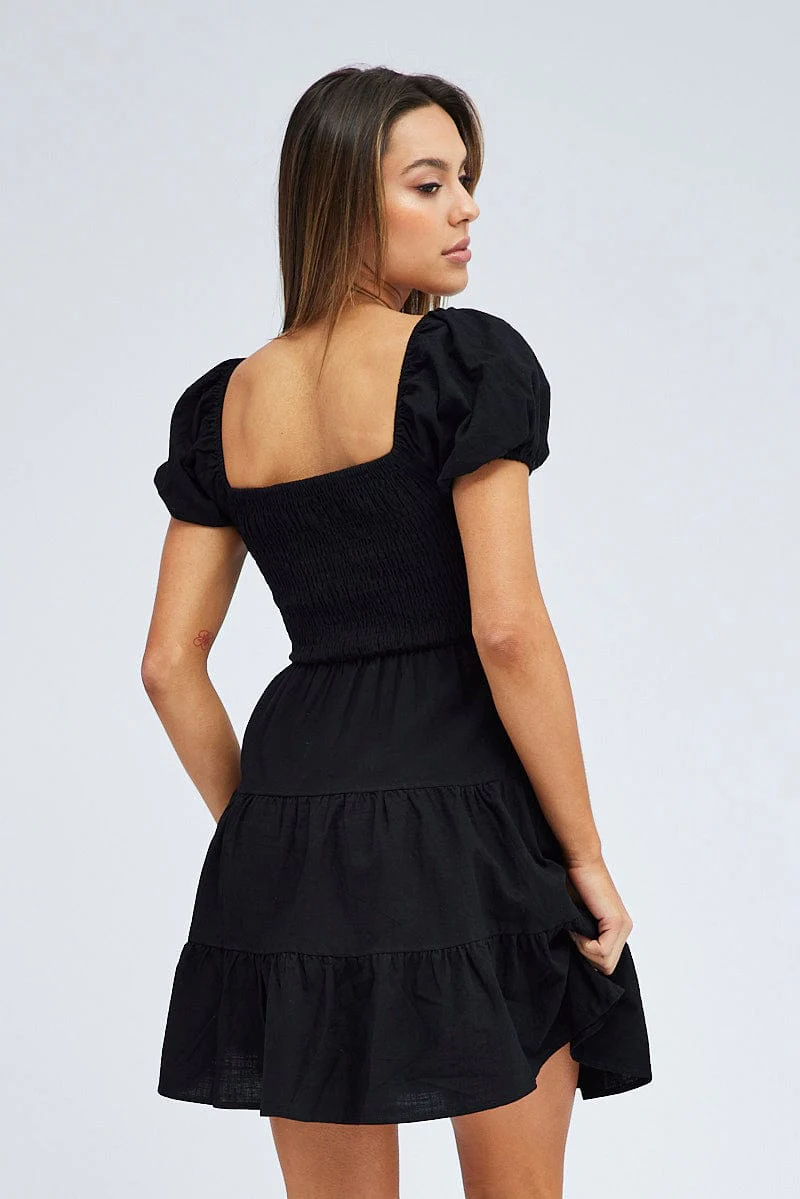 Black Fit and Flare Dress Short Sleeve Shirred