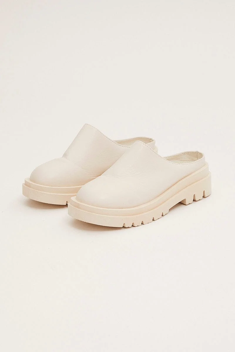 White Chunky Sole Flat Mules