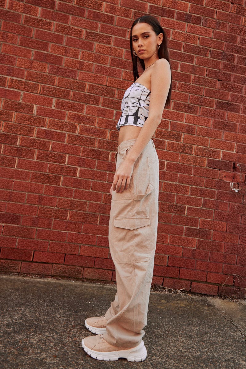 Beige Cargo Pant Mid Rise