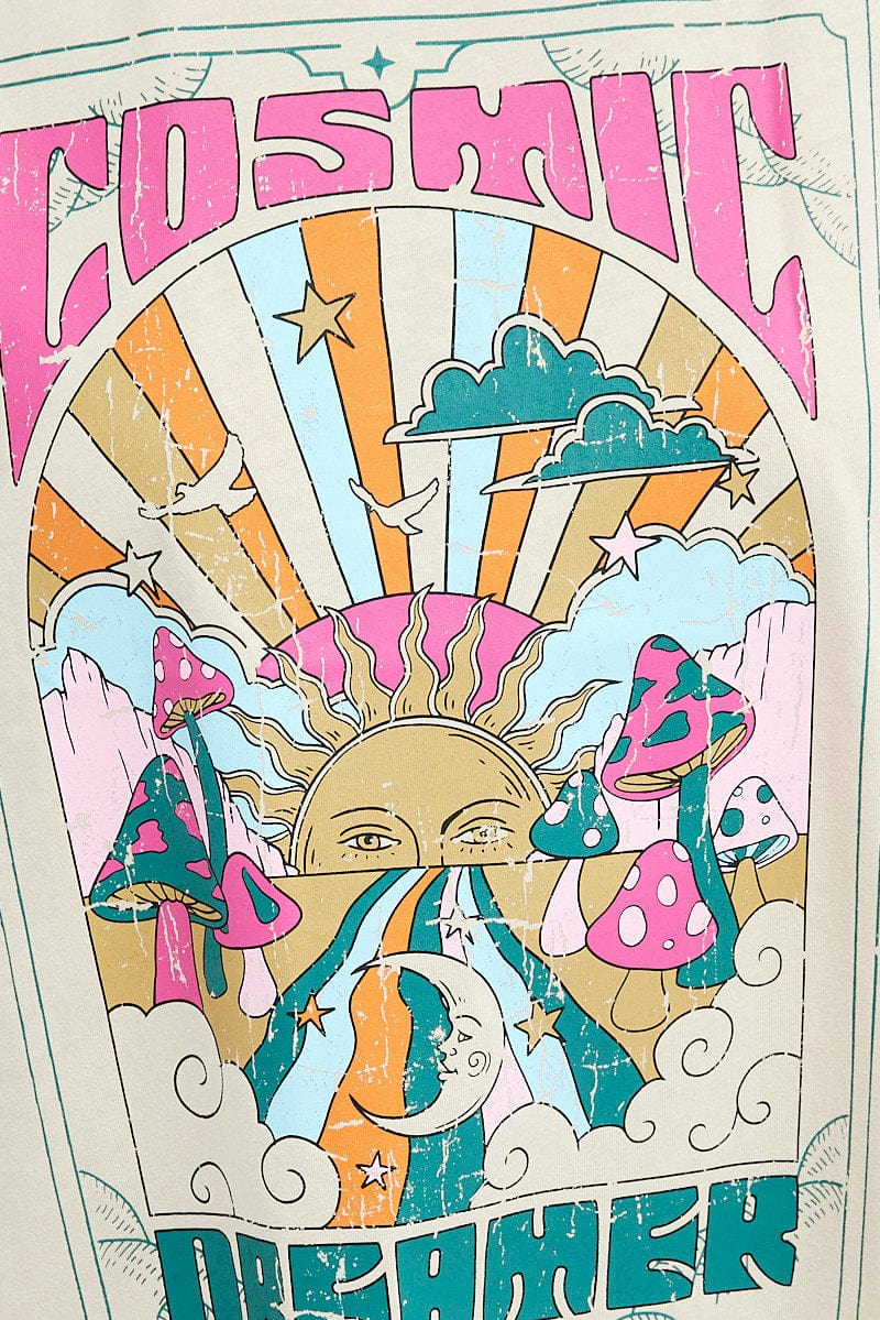 Beige Graphic Tee Festival Bright Oversized T-shirt