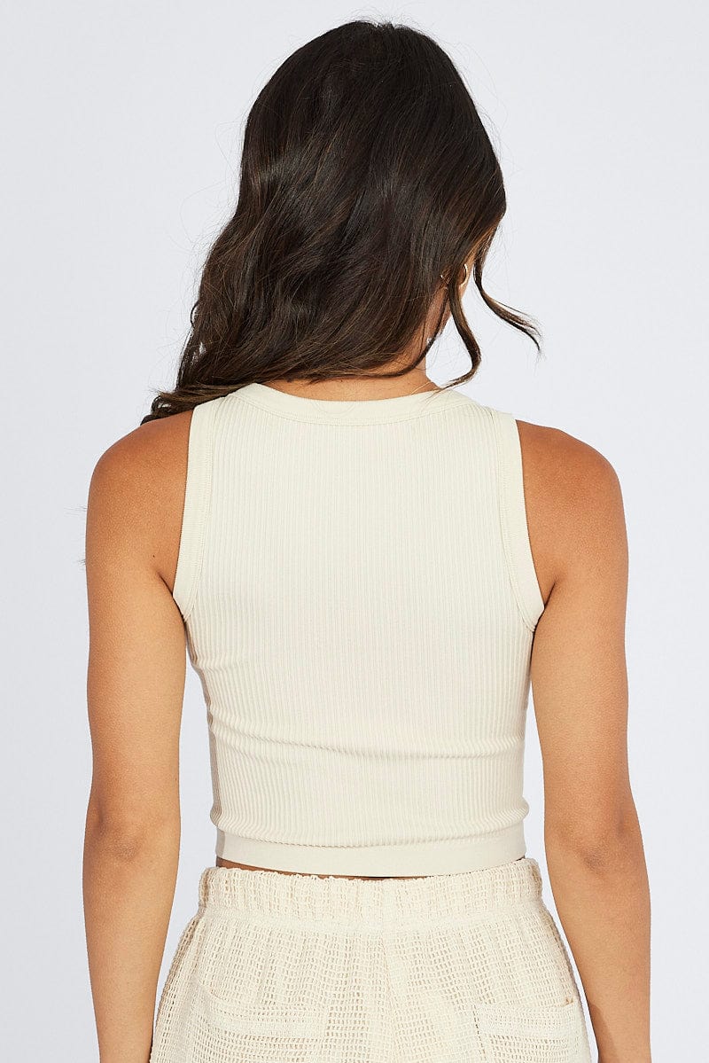 Beige Tank Top Crew Neck Seamless