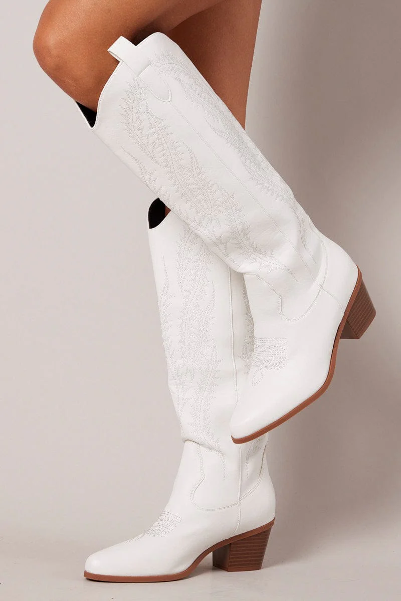 White Embroidered Western Boots