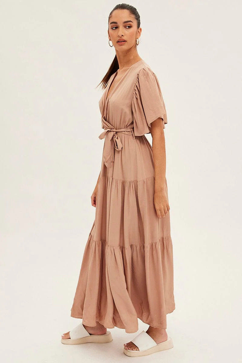 Beige Maxi Dress Short Sleeve Wrap Front Tiered