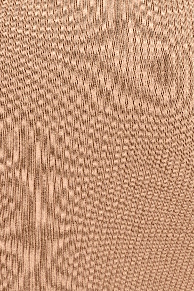 Beige Mini Dress Sleeveless V Neck Knit Contrast Bind