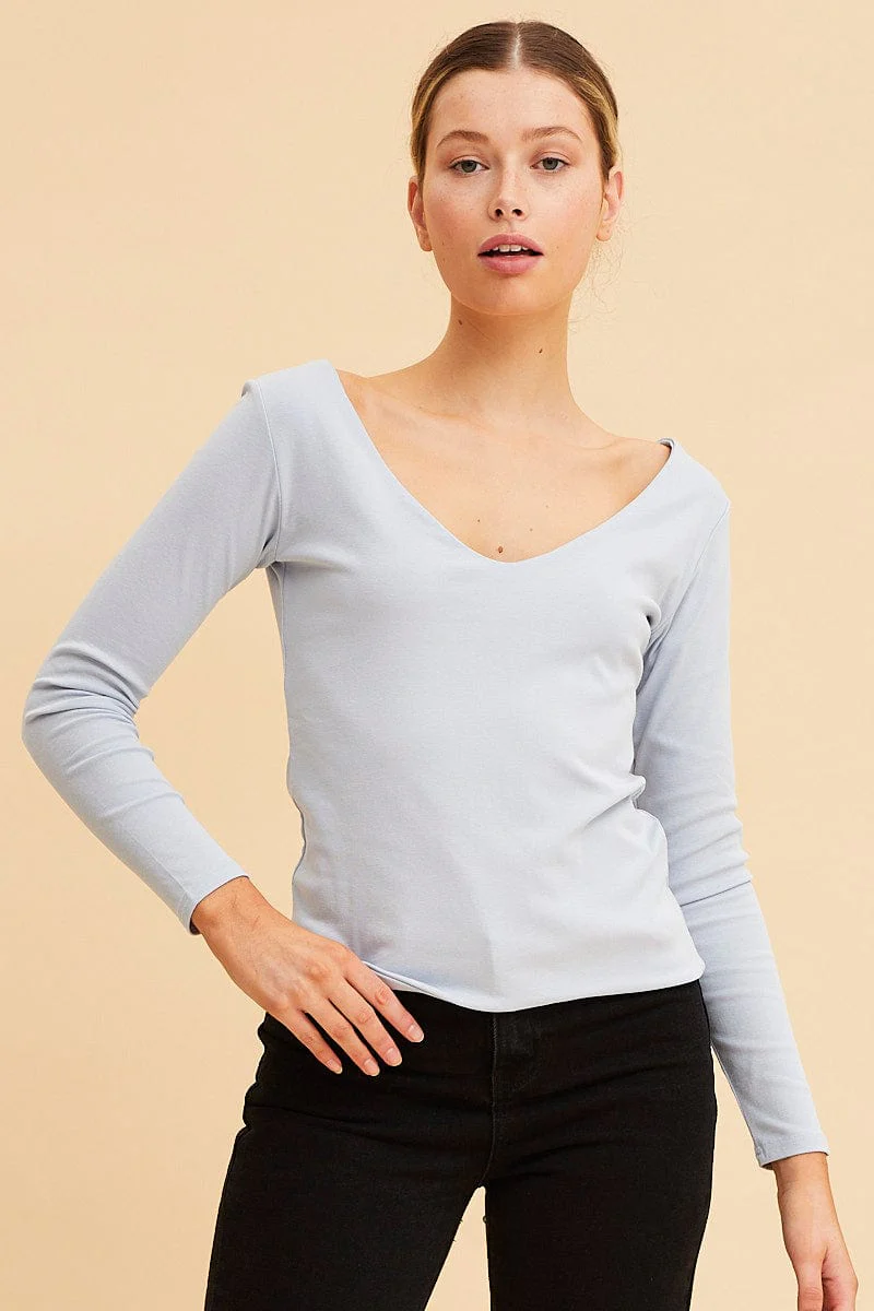 Blue V Neck Top Long Sleeve Cotton Stretch