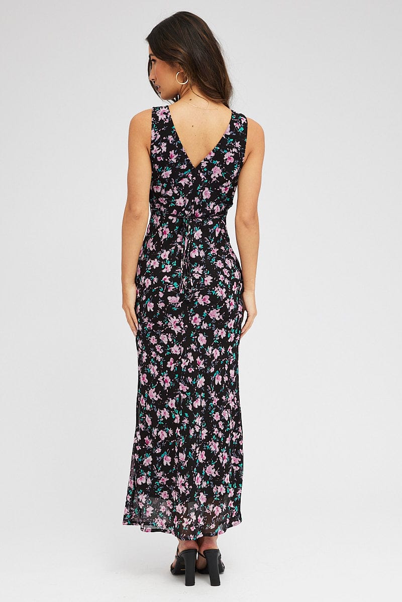 Black Floral Midi Dress Bias Cutting