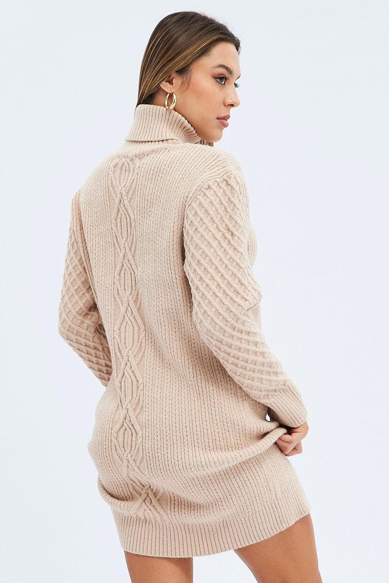 Camel Knit Dress Long Sleeve Turtleneck Cable