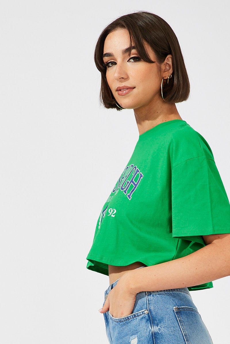 Green Print Graphic Tee Pittsburgh Crop Varsity T-shirt