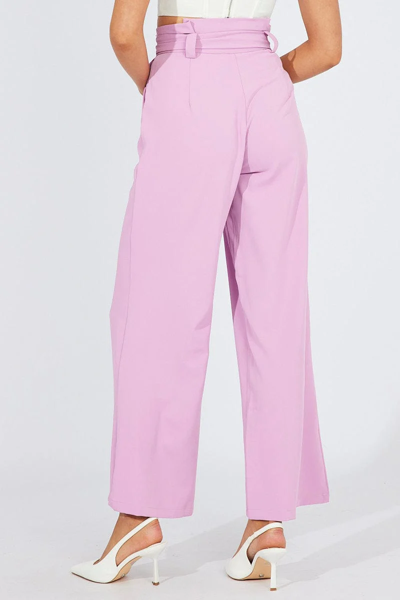 Pink Wide Leg Pants Paper Bag Waist