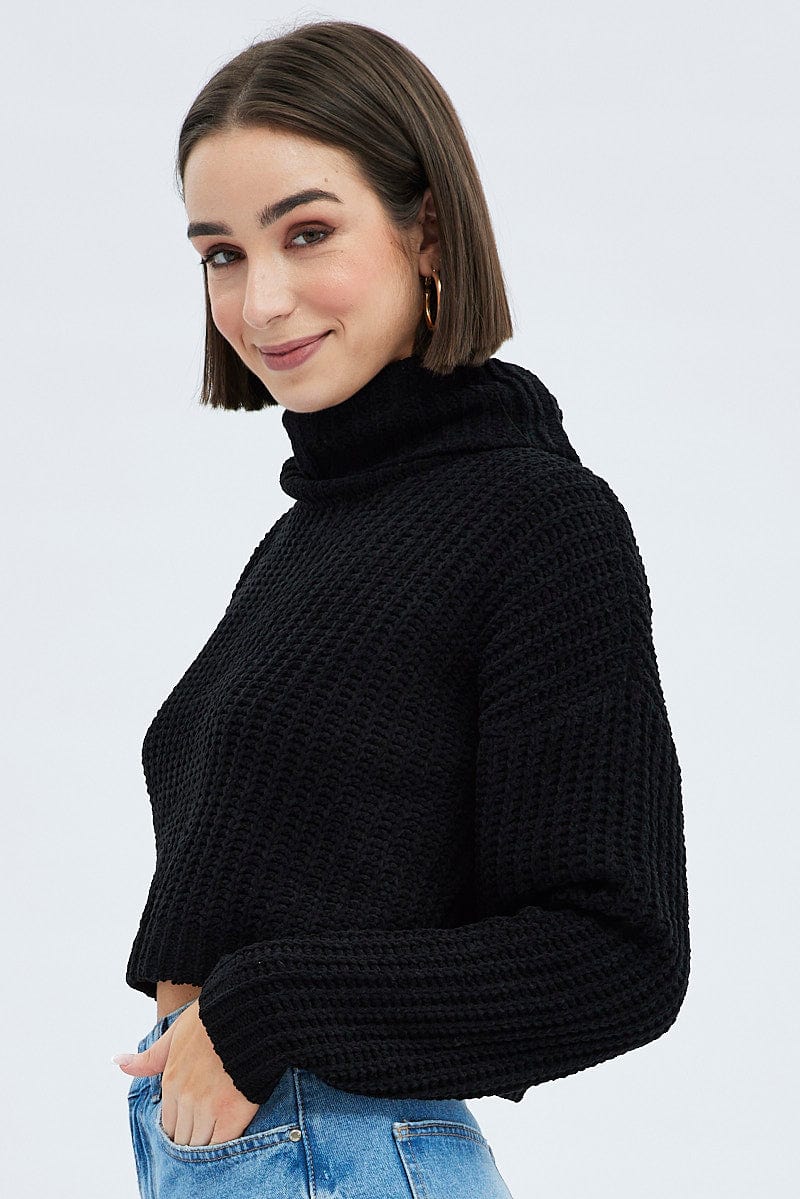 Black Knit Jumper Turtle Neck Chenille
