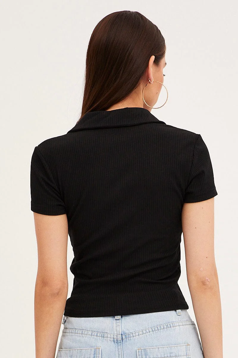 Black Collared Top Short Sleeve Button Up Rib Jersey