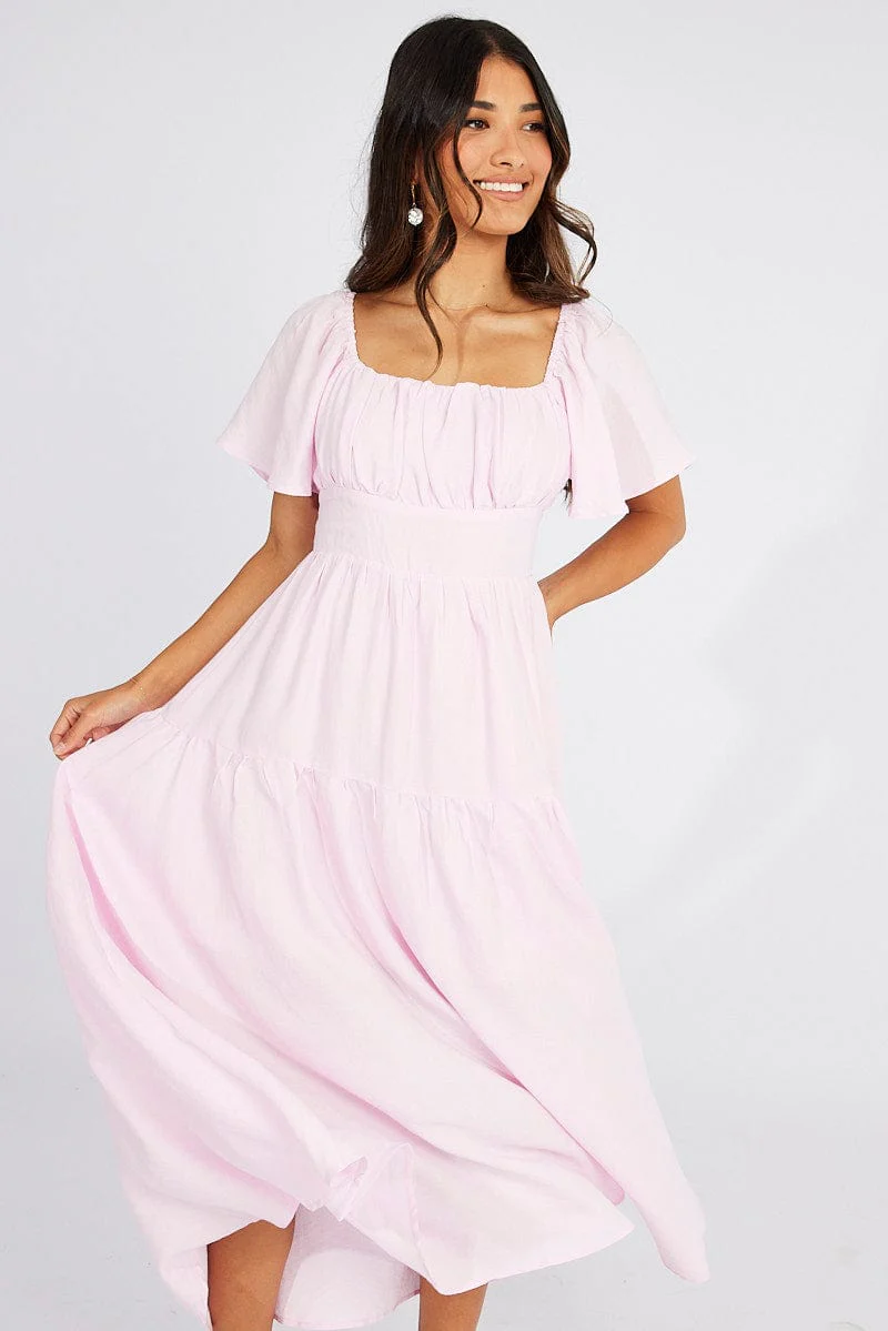 Pink Maxi Dress Square Neck Tiered