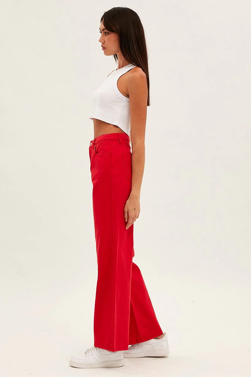 Red Wide Leg Denim Jeans High Rise