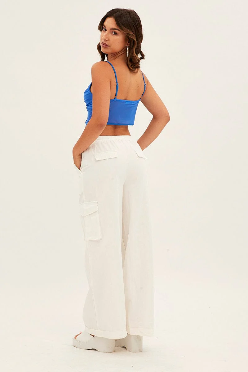 White Cargo Pant Wide Leg Elastic Waist Cotton Twill
