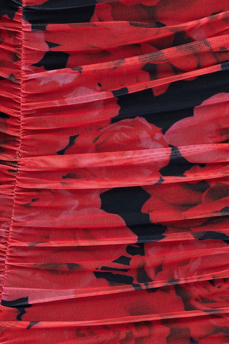 Red Abstract Ruched Mini Dress