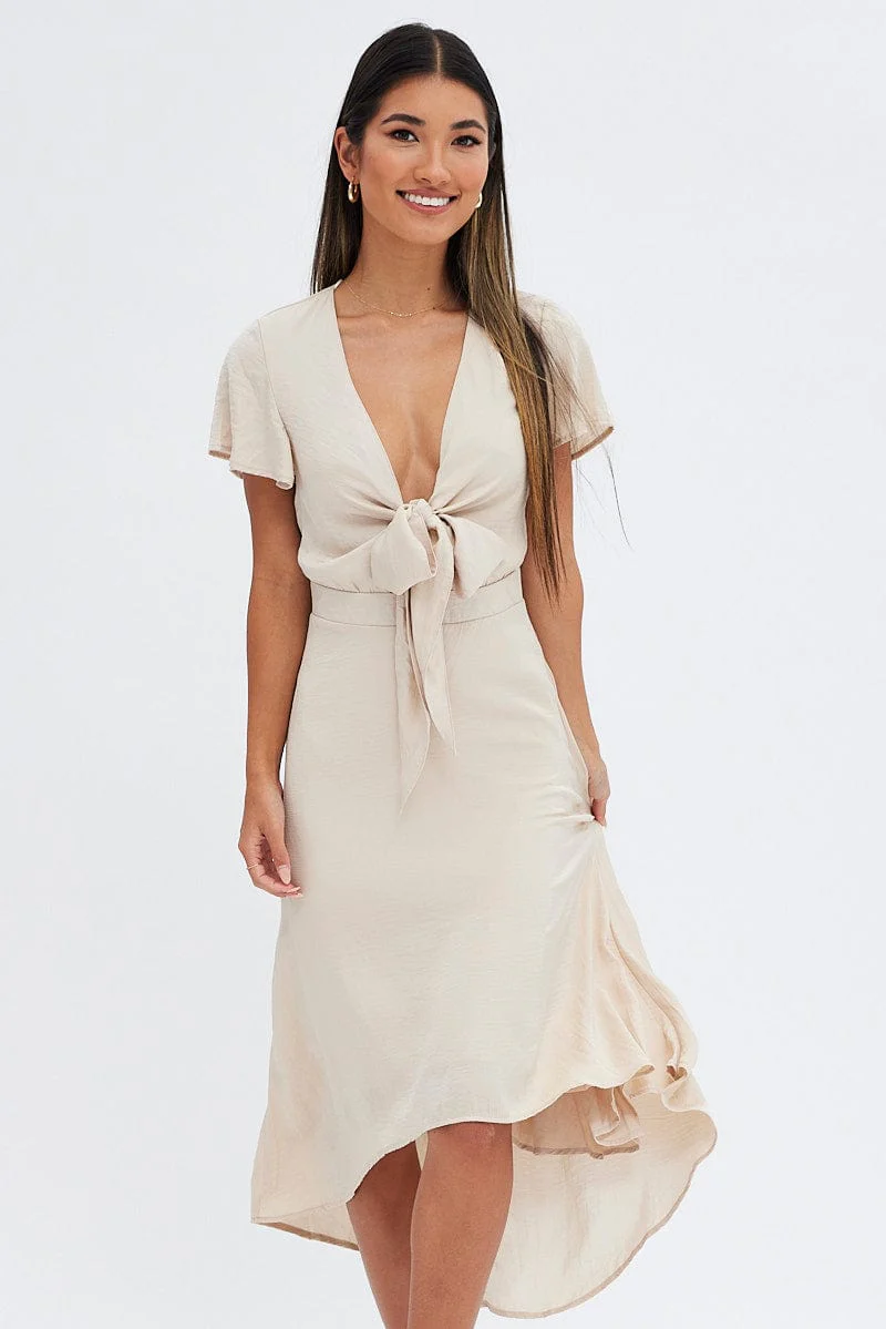 Beige Midi Dress Short Sleeve Tie Back Satin