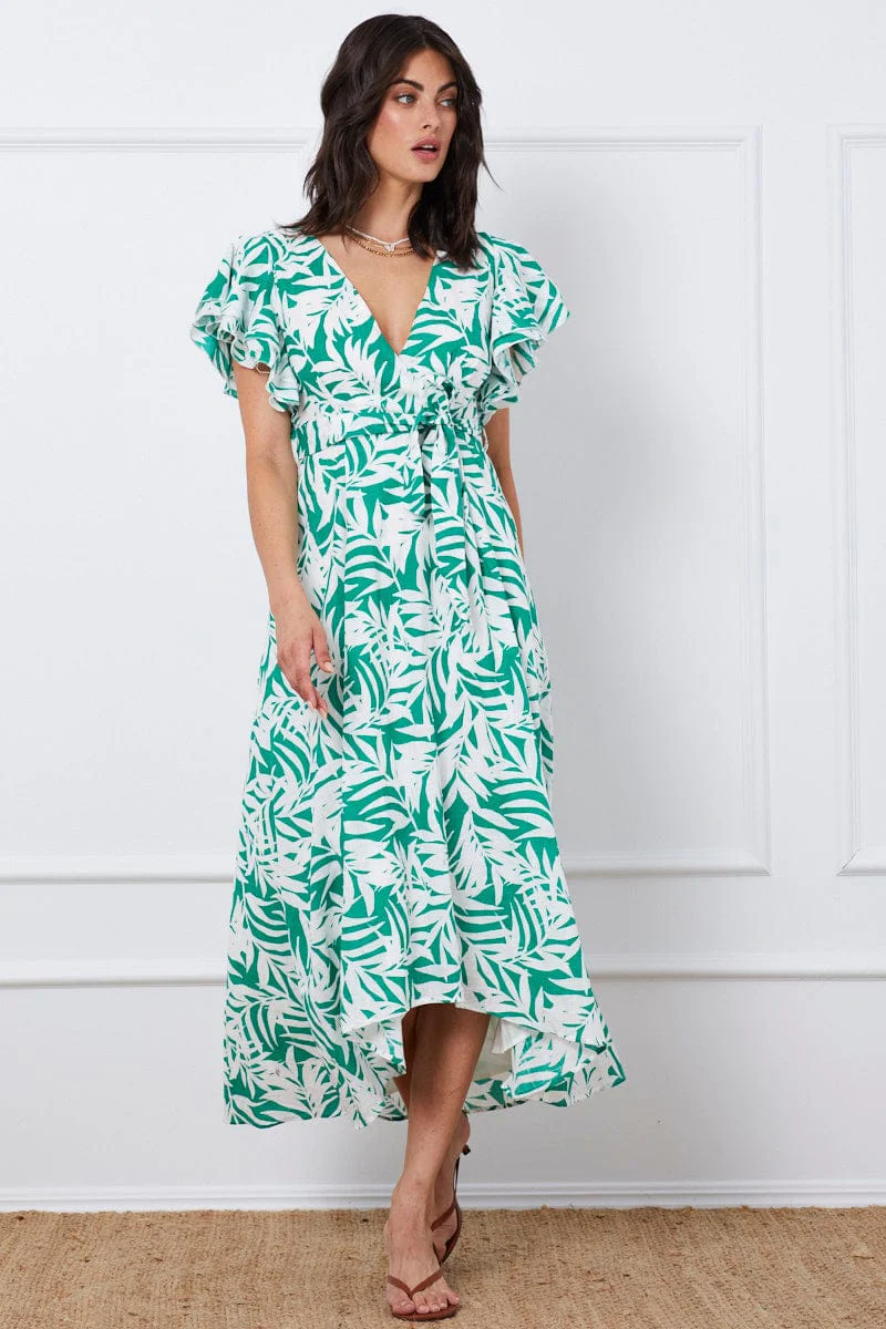 Trop Print Wrap Dress Short Sleeve Maxi