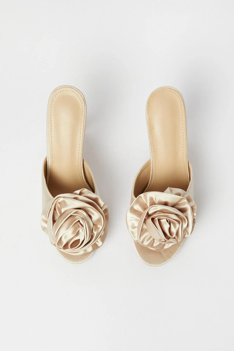 Nude Heels Rosette 3D Rose Heeled Mules