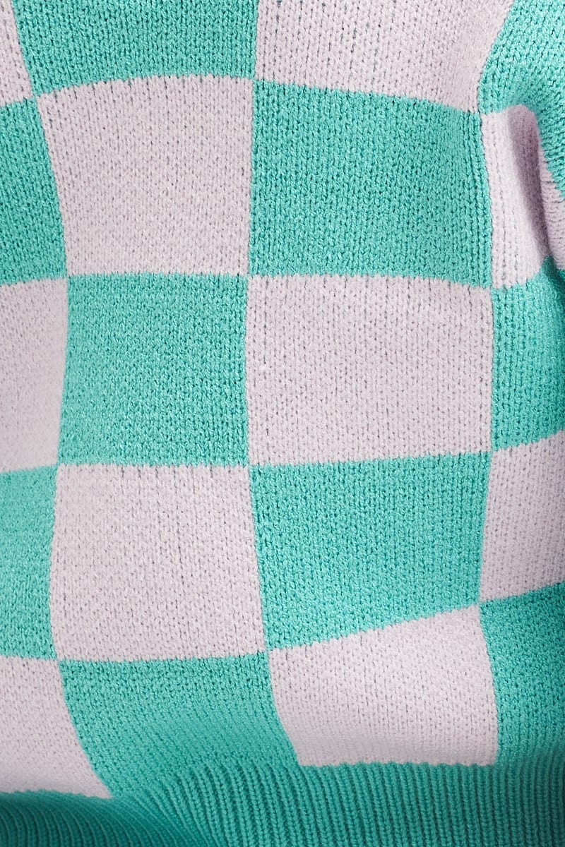 Check Knit Cardigan Long Sleeve Crop V-Neck