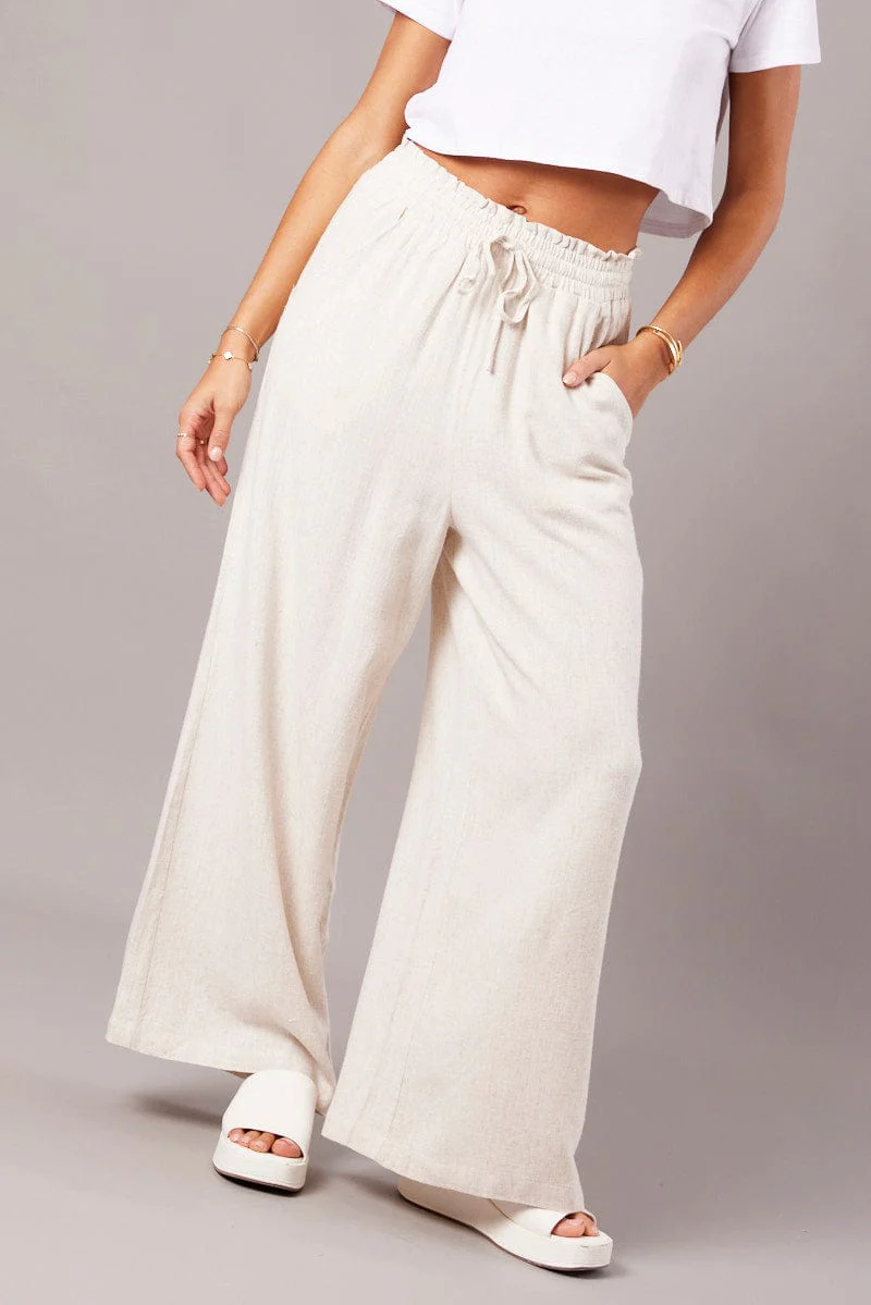 Beige Wide Leg Pants High Rise