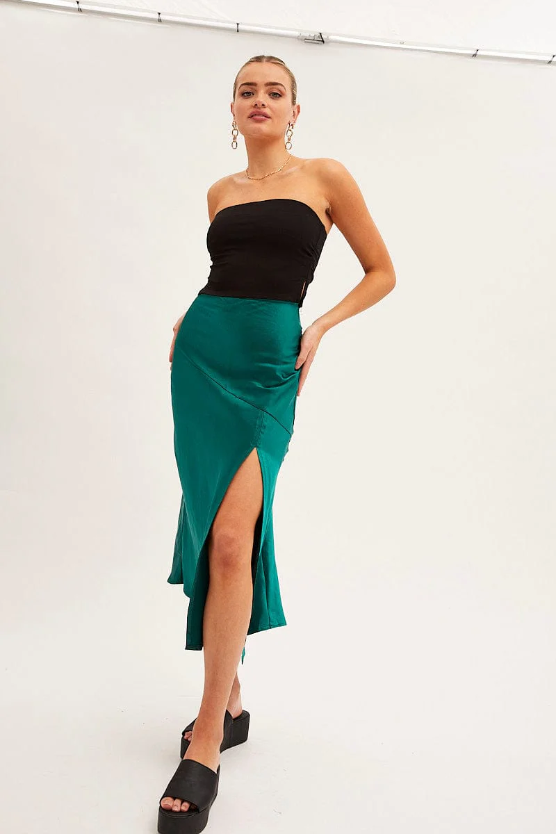 Teal Slip Skirt Satin Midi