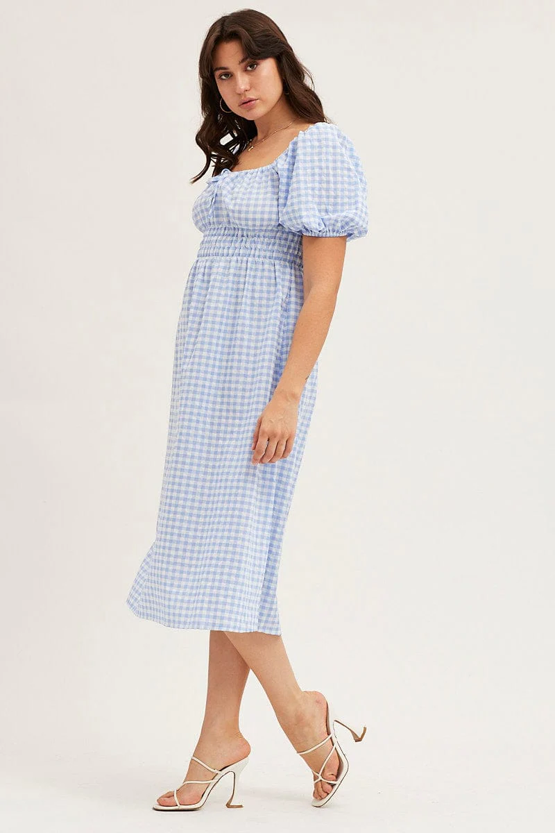 Check Dress Short Sleeve Midi Square Neck