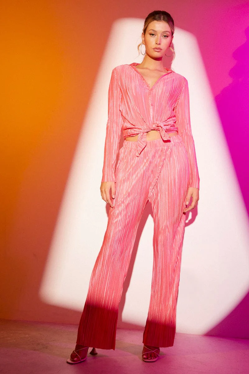 Pink Plisse Pant Wide Leg