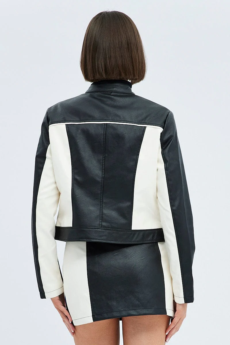 Black Jacket Colour Block Long Sleeve Zip Faux Leather