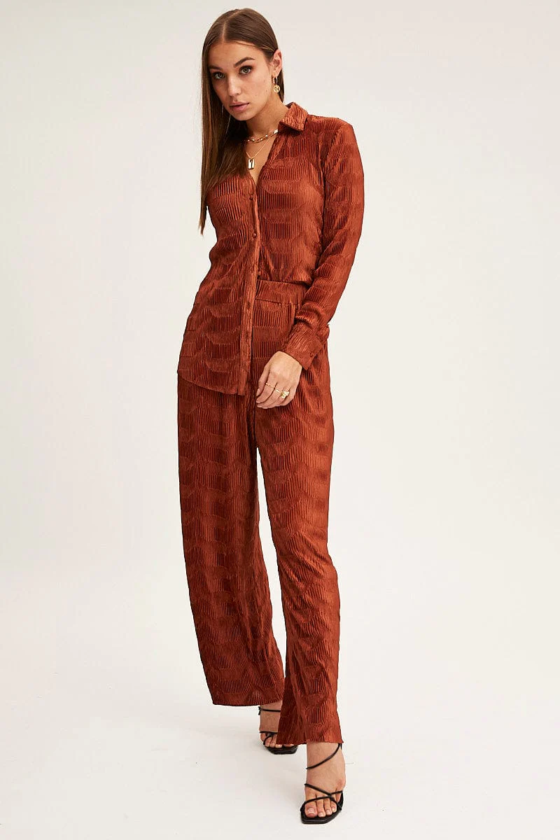 Brown Plisse Pants Wide Leg High Rise