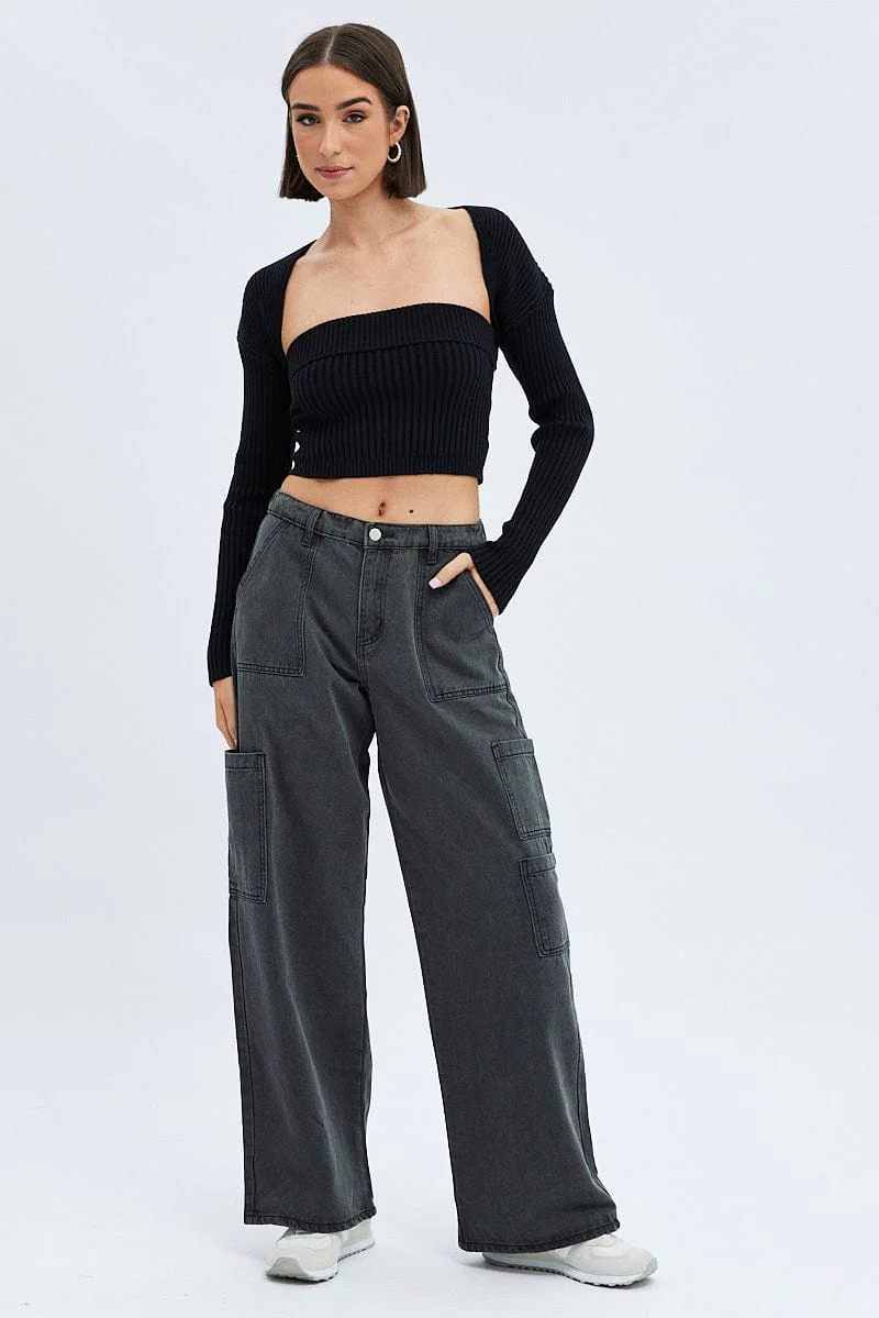 Black Cargo Jean Mid Rise