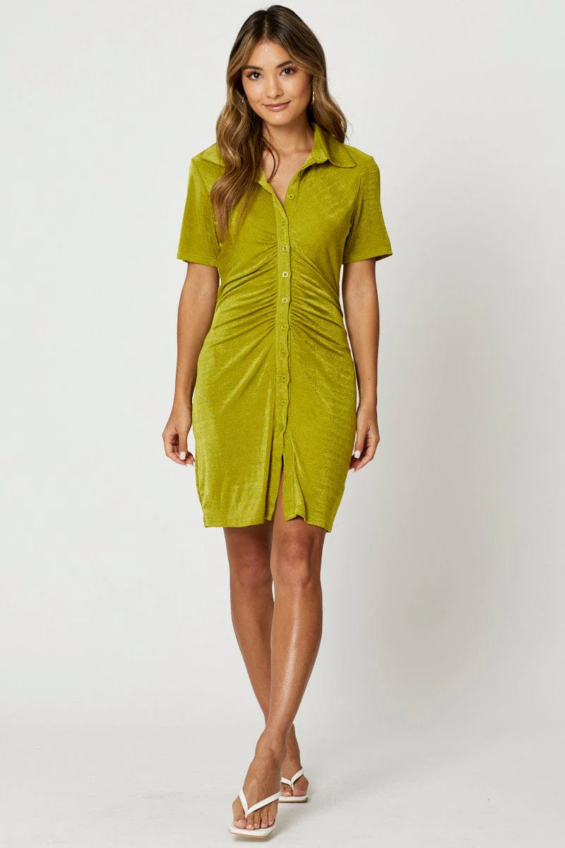 Green Button Front Ruched Shirt Dress