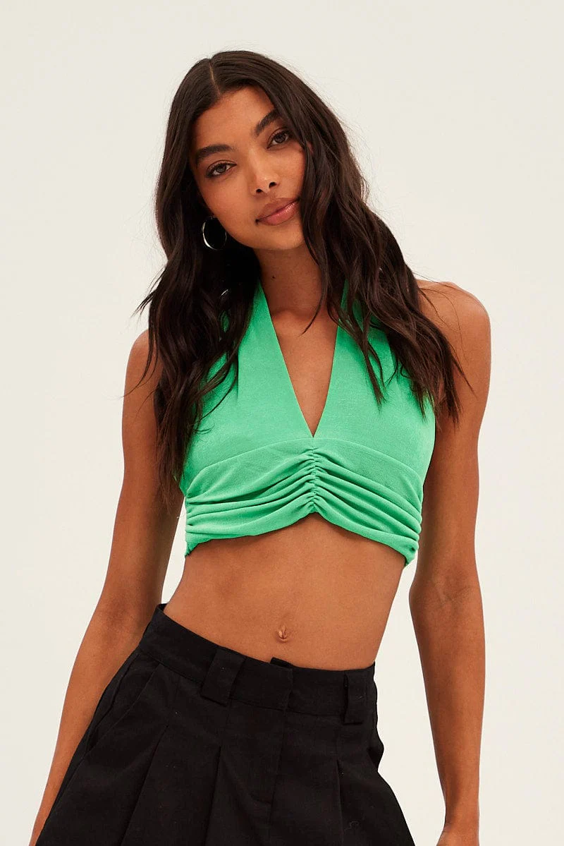 Green Front Ruched Halter Top