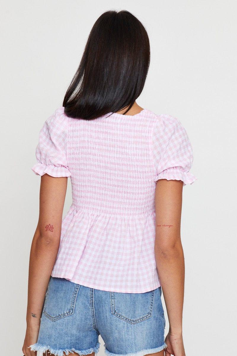 Check Puff Sleeve Top Short Sleeve