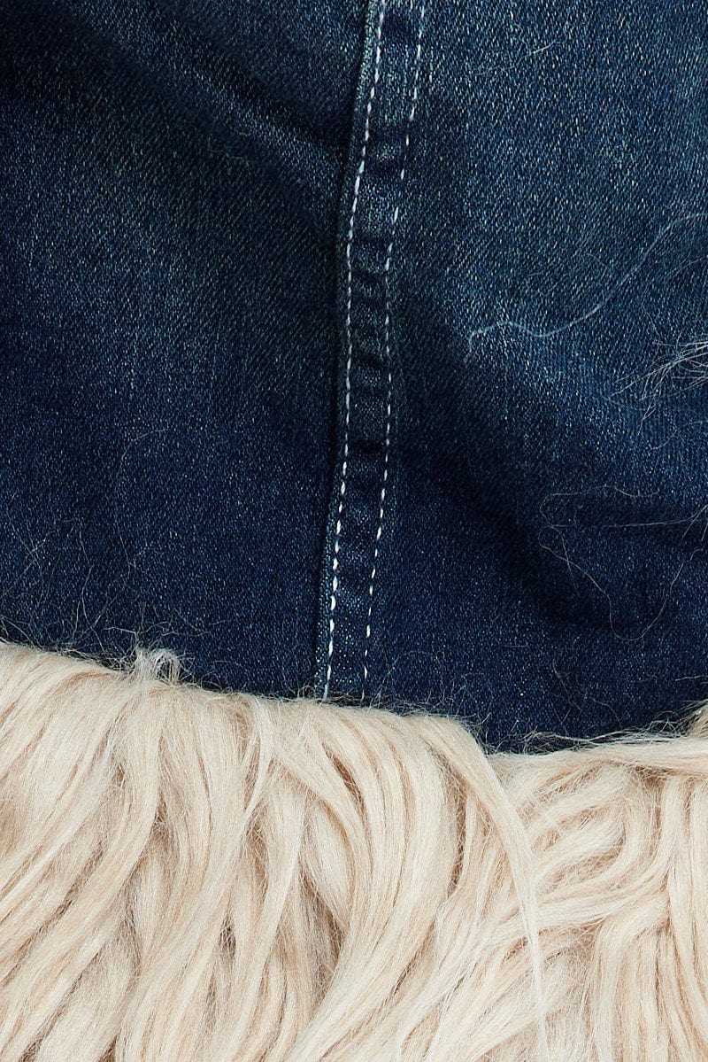 Denim Jacket Long Sleeve Faux Fur Tie Front Washed Denim